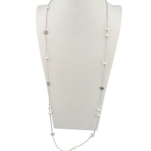 Juicy Couture Station Necklace Faux Pearl Rhinestone Charm Silver Tone‎ Long
